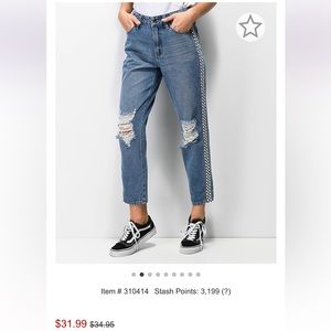 Checkered Sides Light Washed Mom Jeans